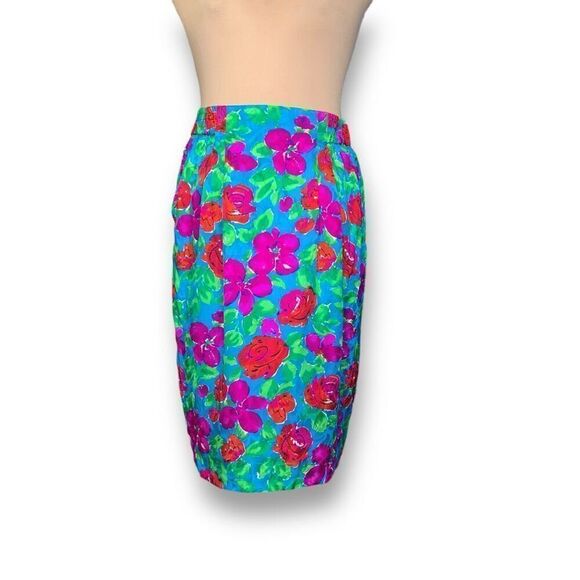 Vintage Adrianna Papell Skirt Multicolored Blue Flower Detail Silk Secretary - Picture 8 of 8